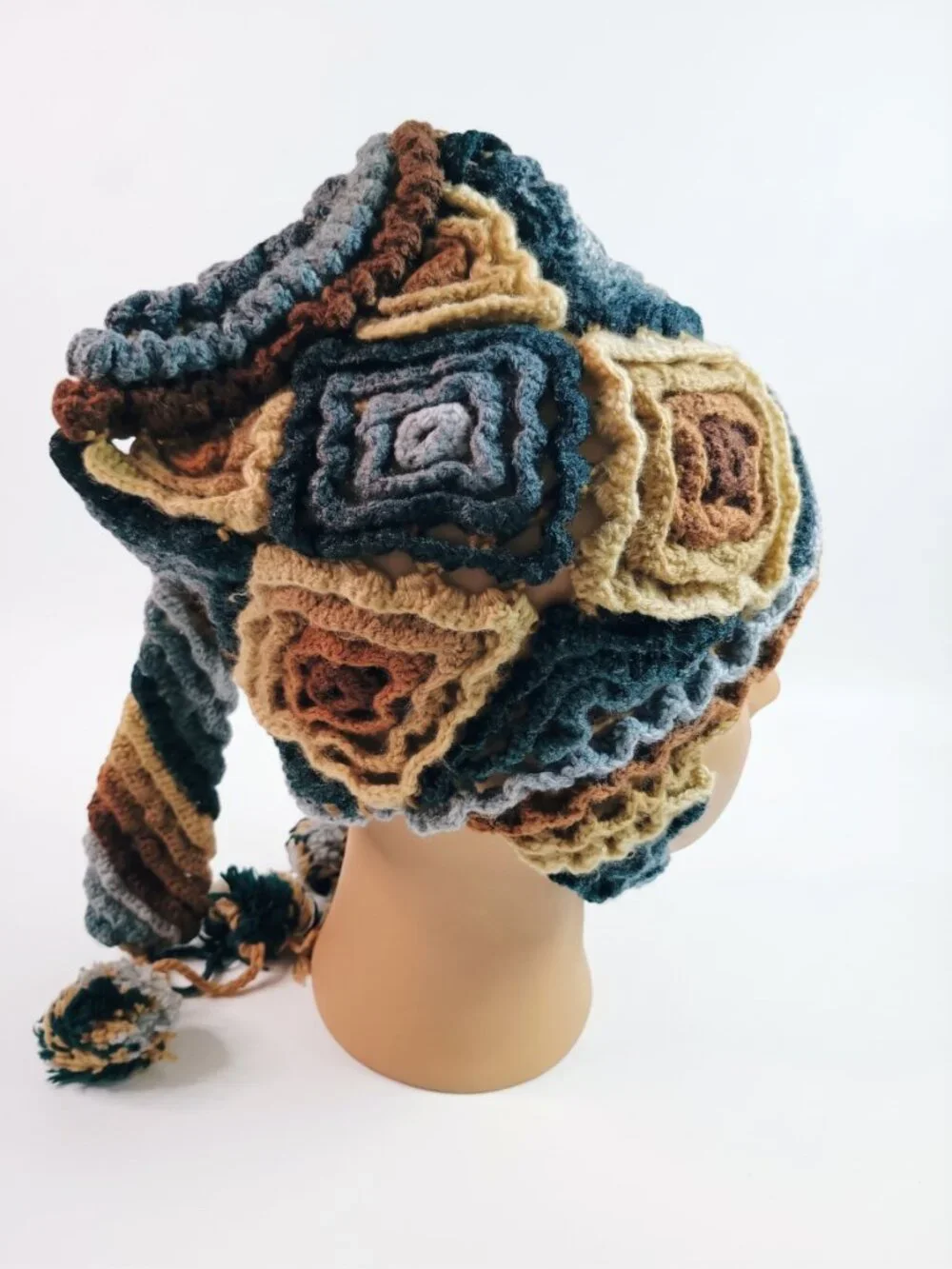 Hand-Knitted Alpaca Wool Chullo with Geometric Designs and Pom-poms